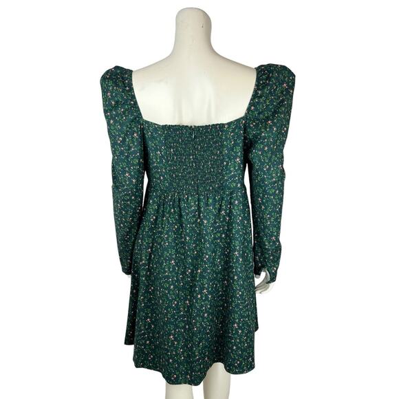 Reformation Green Floral Print Kenzi Dress Size 12 Puff Sleeve Babydoll Mini - Picture 3 of 12